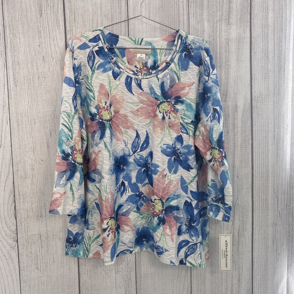 Alfred Dunner Top Womens 1X White Classic Blue Pink Floral Blouse Summer